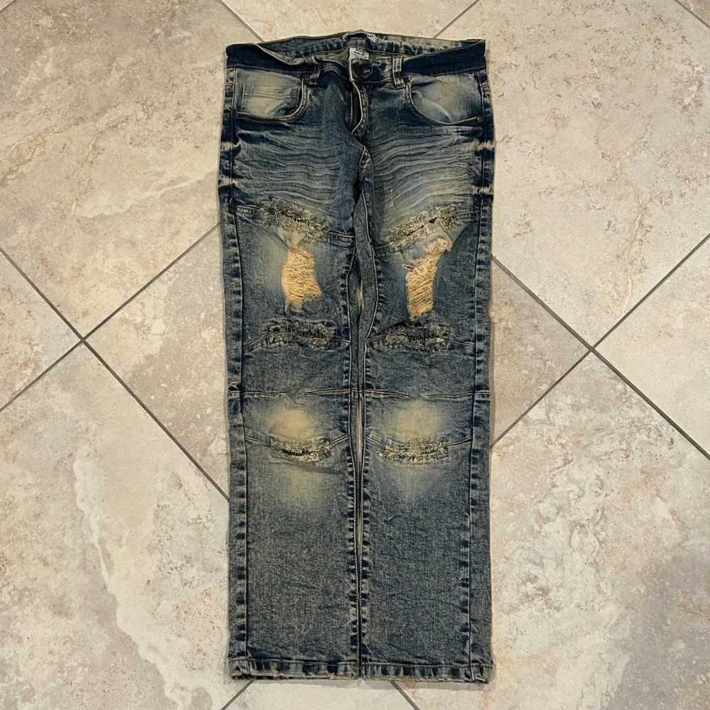 Dash Denim‎ Jeans Mens 32x30 Blue Distressed Biker Moto Acid Wash Slim Stretch